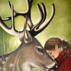 art print with deer and child